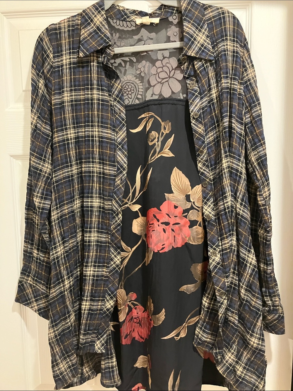 ODDY Black Floral Button Down Navy Plaid Overshirt